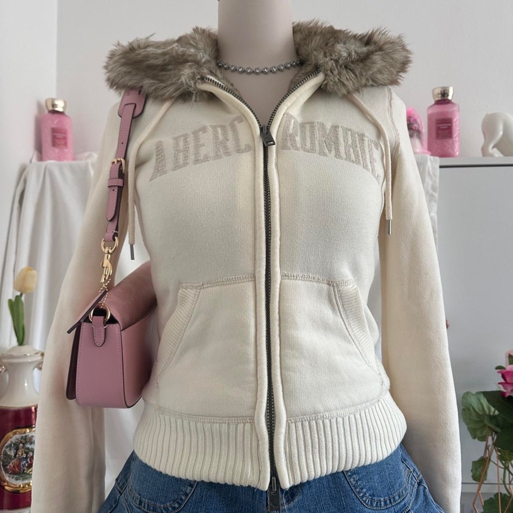 Y2K Abercrombie & Fitch Faux Fur Lined Full Zip Jacket Cream Size Medium RARE - Picture 3 of 10